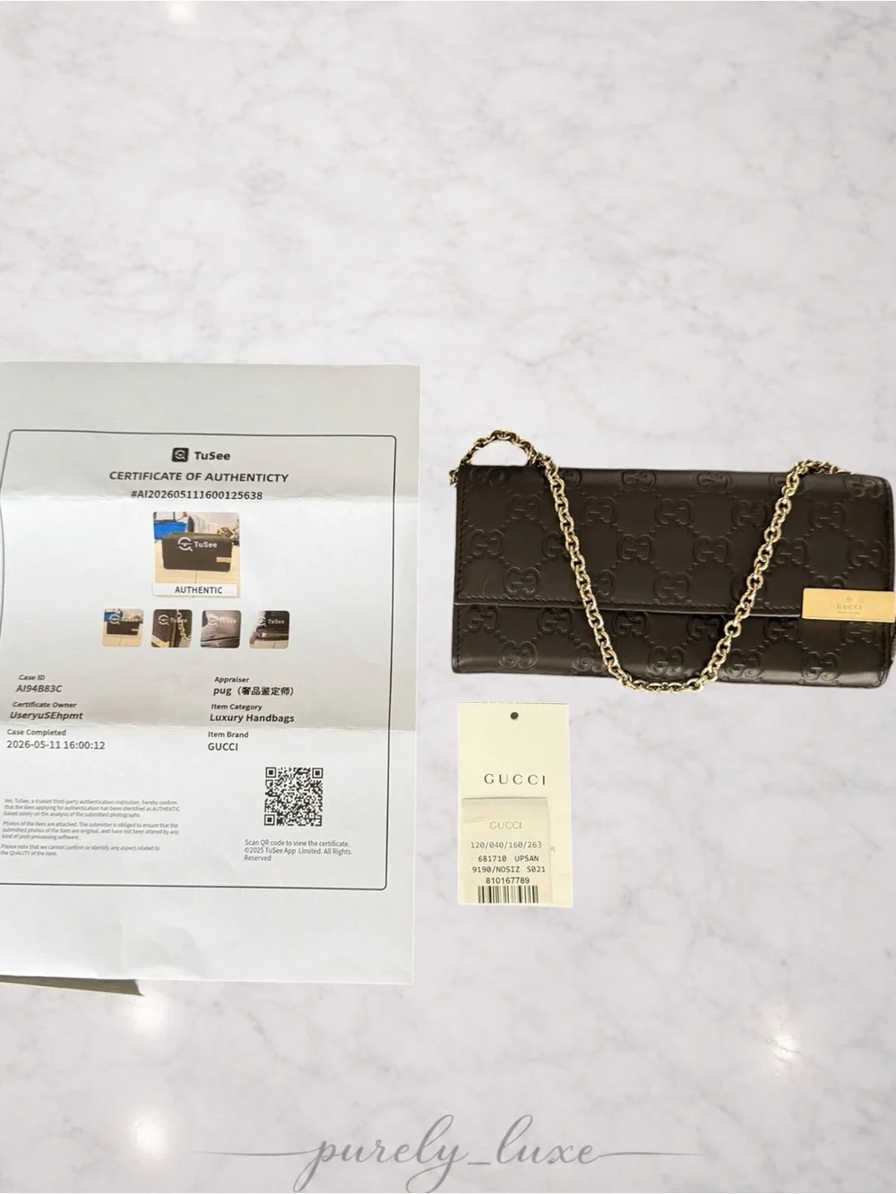Authentic Gucci Chocolate Brown Embossed GG Leather Chain Clutch- FREE COA